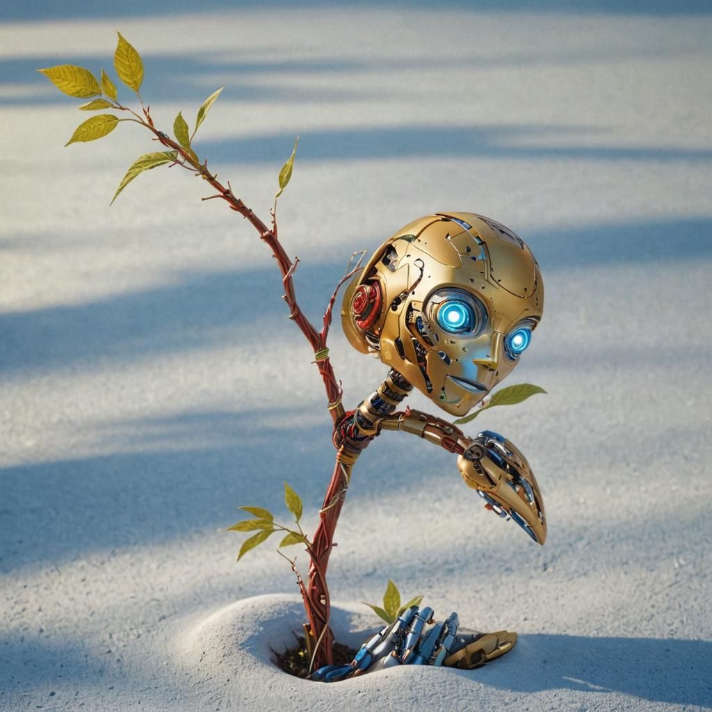 Humanoid Robot and Human Embrace in Lush Garden