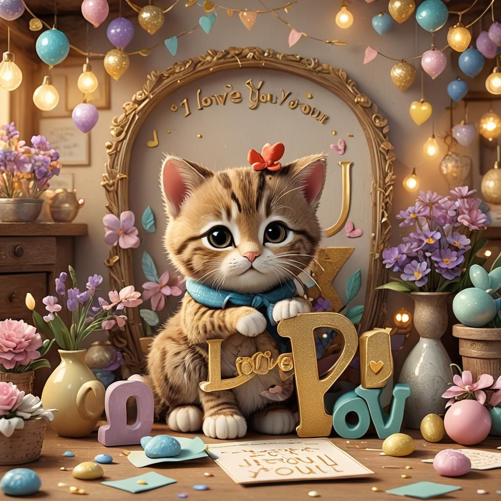 Baby Cat Holds 'I LOVE YOU' Sign in 3D Digital Art