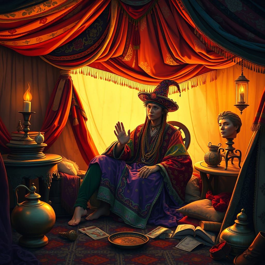 Gypsy Palm Reader in Luxurious Tent, Art Nouveau Style