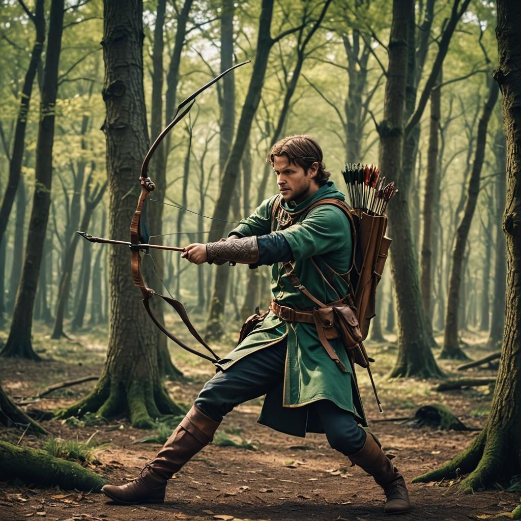 Playful Archer in Sherwood Forest: Cinematic Film Still