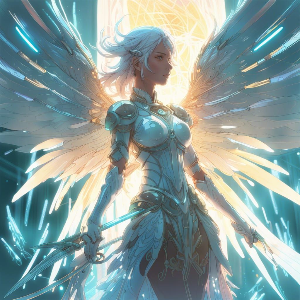 Anime Valkyrie with Bioluminescent Wings, Cel-Shaded Render