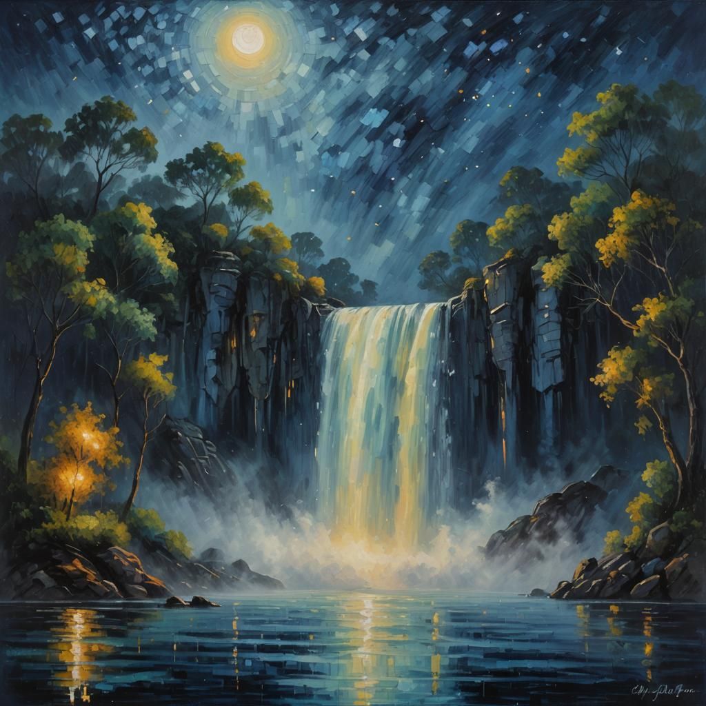 Mystical Waterfall at Night: Neo-Impressionism Oil Painting