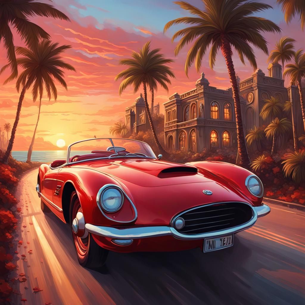 Witness a mesmerizing work of art that showcases a vintage red sports car