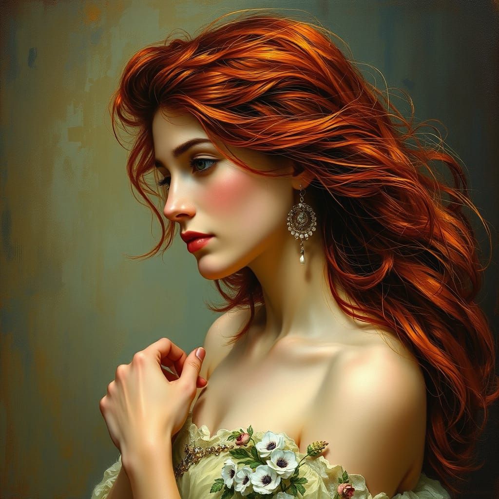 Woman with Flowing Hair in Art Nouveau Style