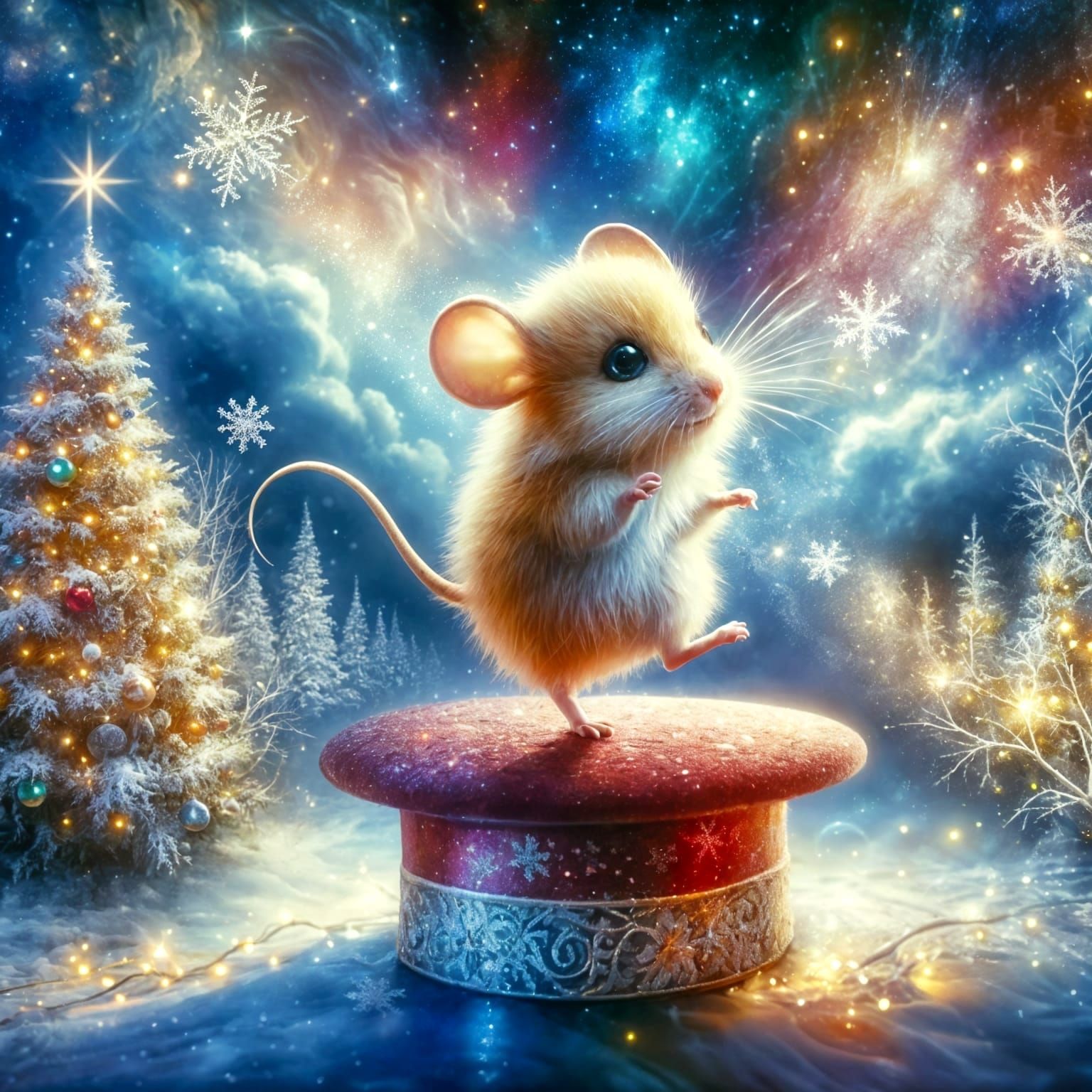 Christmas Mouse Dances in Snowy Impressionistic Sky