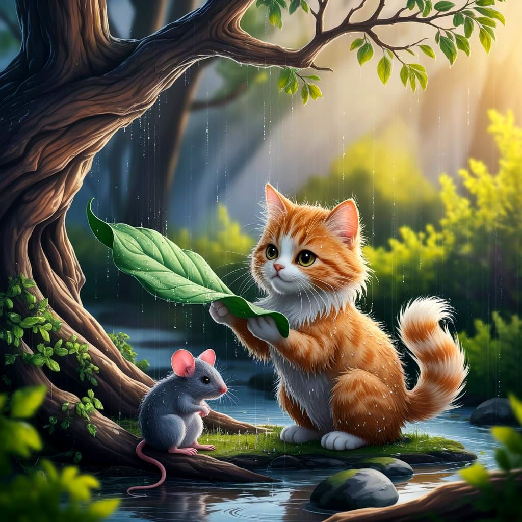 Cat Shelters Mouse From Rain in Whimsical Photograph