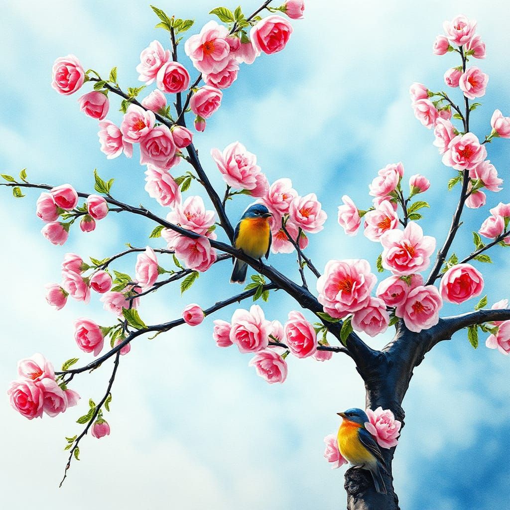 Vibrant Cherry Blossom Scene in Whimsical Watercolor Style