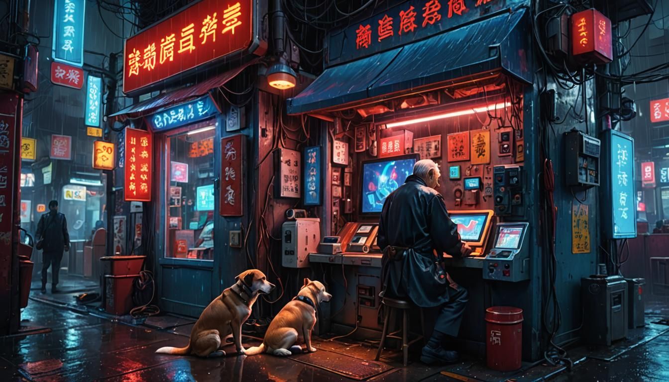 Cyberpunk Alley: Old Man and Dog in Neon Rain