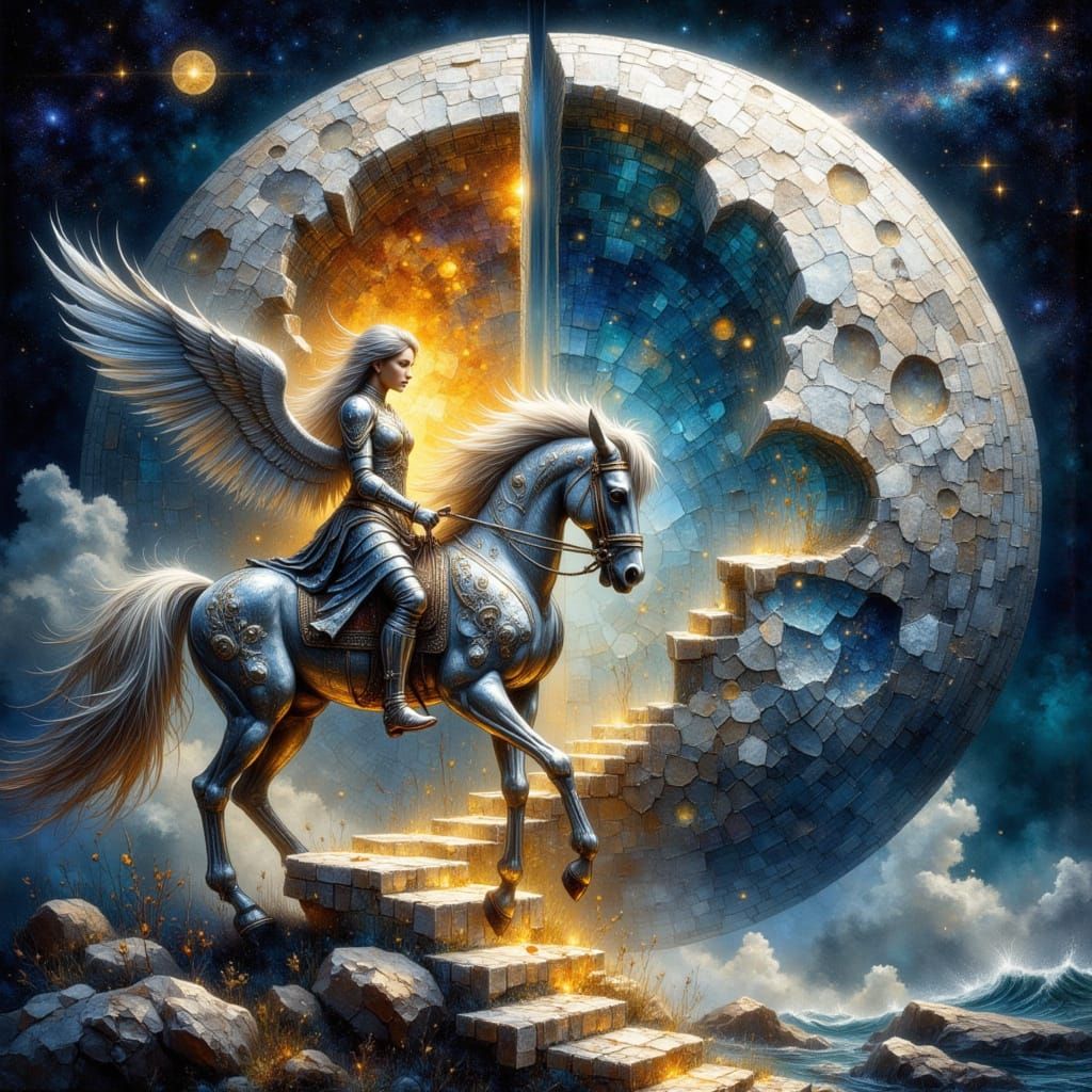 Warrior Princess Surveys Moon's Interior in Starry Night Sty...