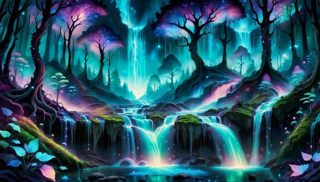 Enchanted Bioluminescent Cascades in a Celestial Realm