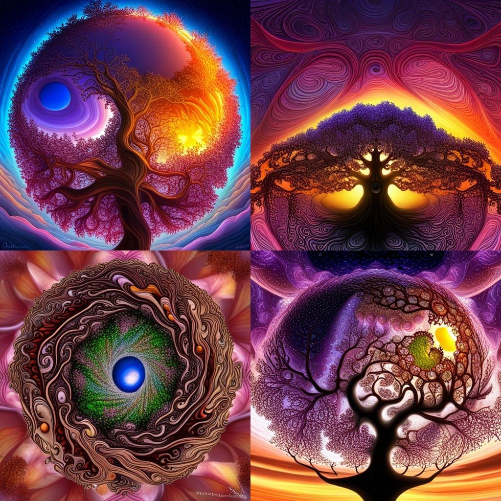 Blossom Tree with Cosmic Sky in Gouache Style