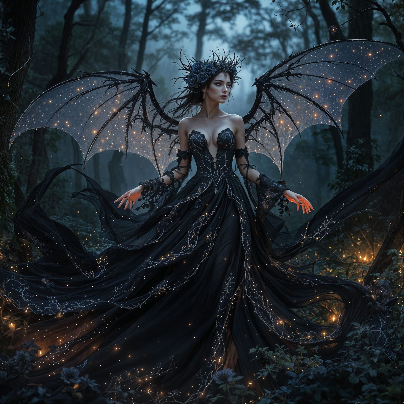 Gothic Enchantress in Midnight Gown with Bat Wings