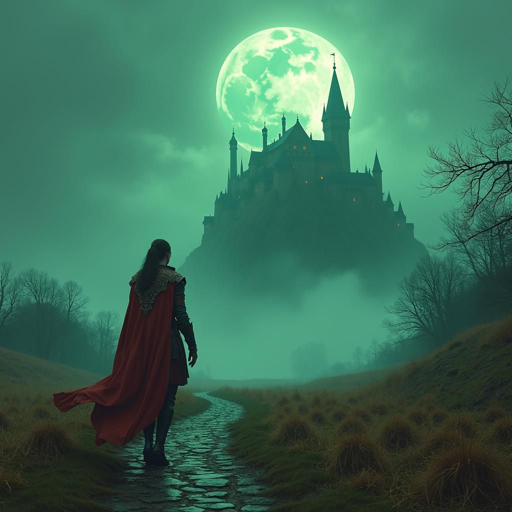 Celtic Warrior in Gothic Landscape, Emerald Moonlight