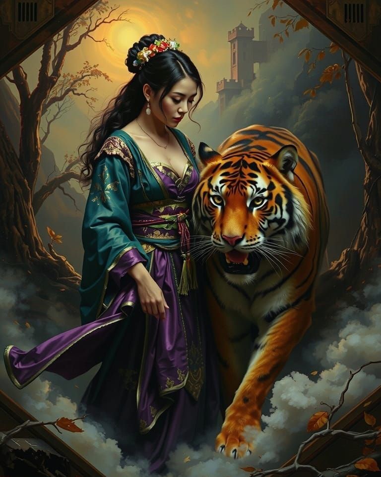 Mystical Geisha in Vibrant Haze