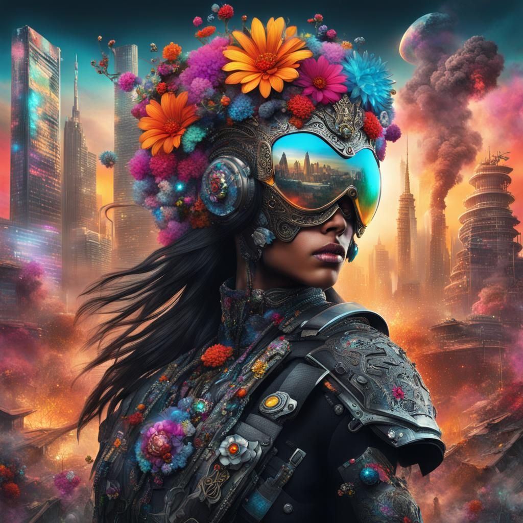Warrior Woman in Apocalyptic City with Jeweled Helmet
