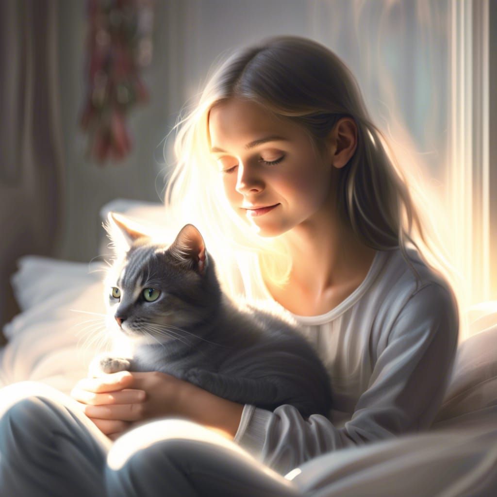 Girl Petting Cat in Sunlight