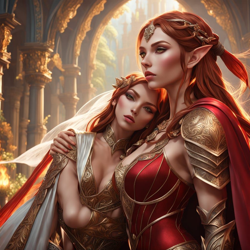 Warrior Woman and Elf Priestess Kiss in Fantasy Art
