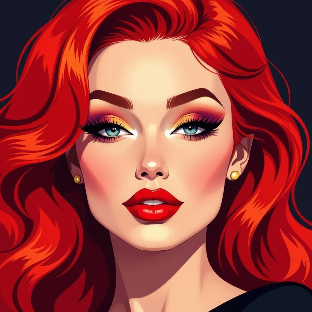 Vibrant Red Hair Woman Portrait in Graphic Art Style