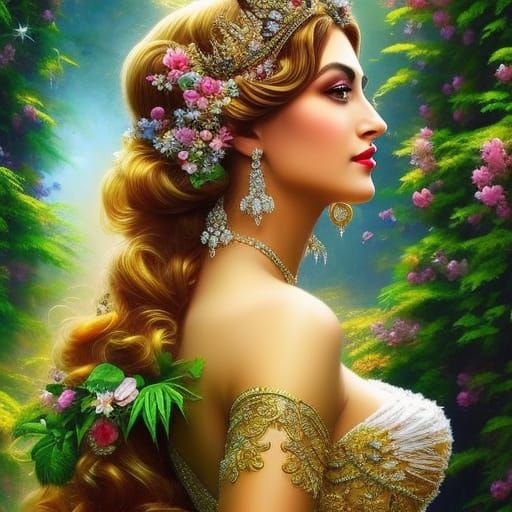 Botanical Queen with Jeweled Crown, Hyperdetailed Portrait