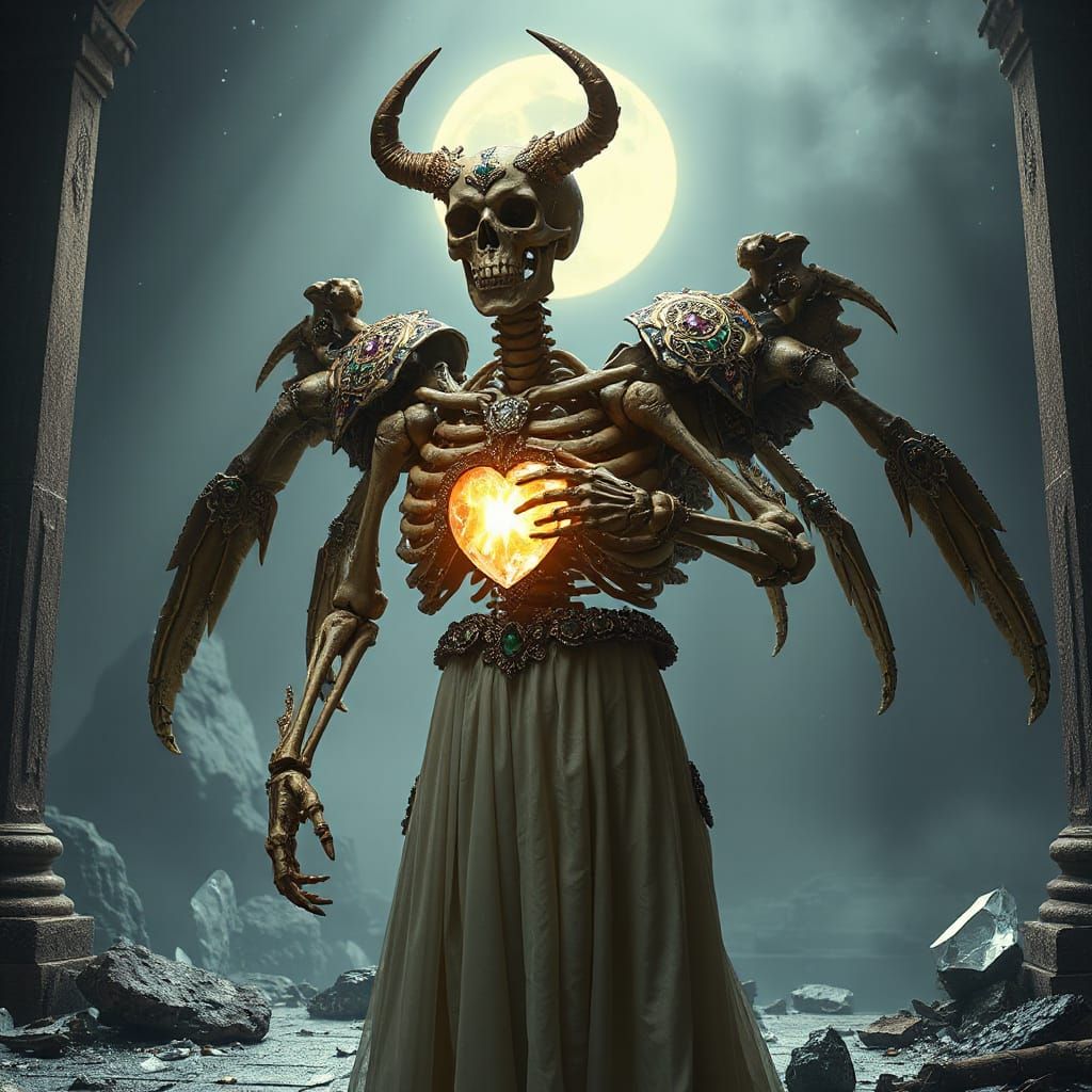 Regal Skeletal Figure with Ornate Armor and Crystal Heart