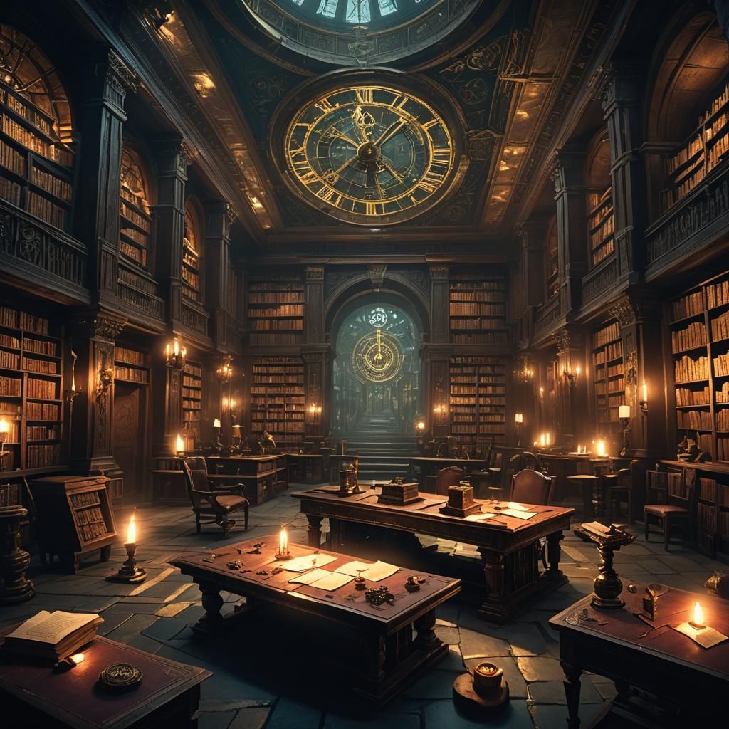 Glowing Artifacts in Grand Library: Cinematic Fantasy Art