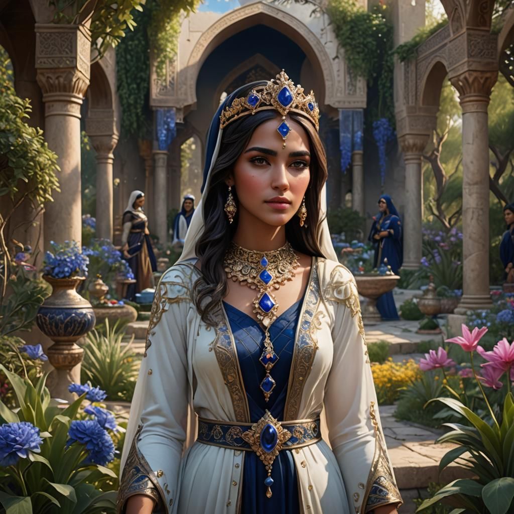 Arab Princess in Garden with Sapphire Jewelry