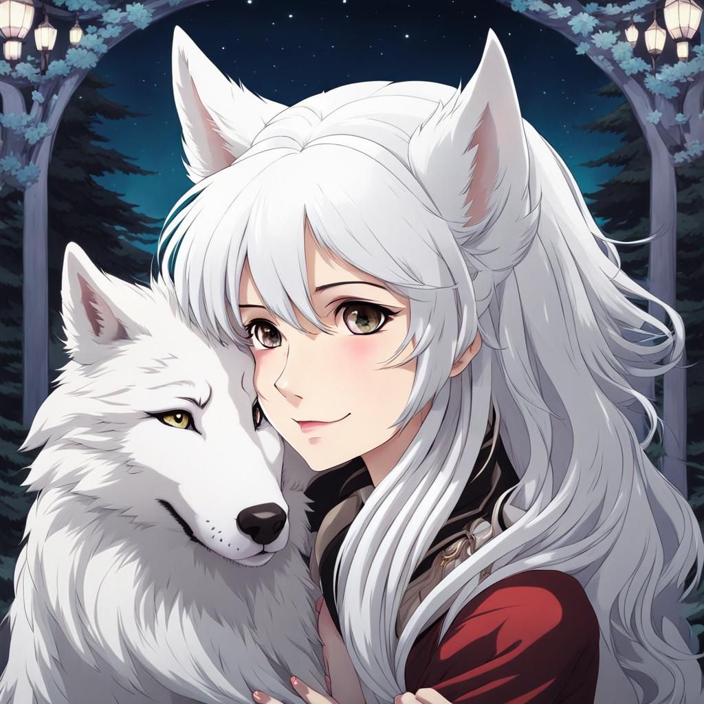 Woman and White Wolf in Anime Style