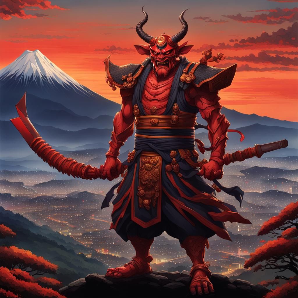 Majestic Shuten-dōji with Fiery Sunset and Mount Fuji