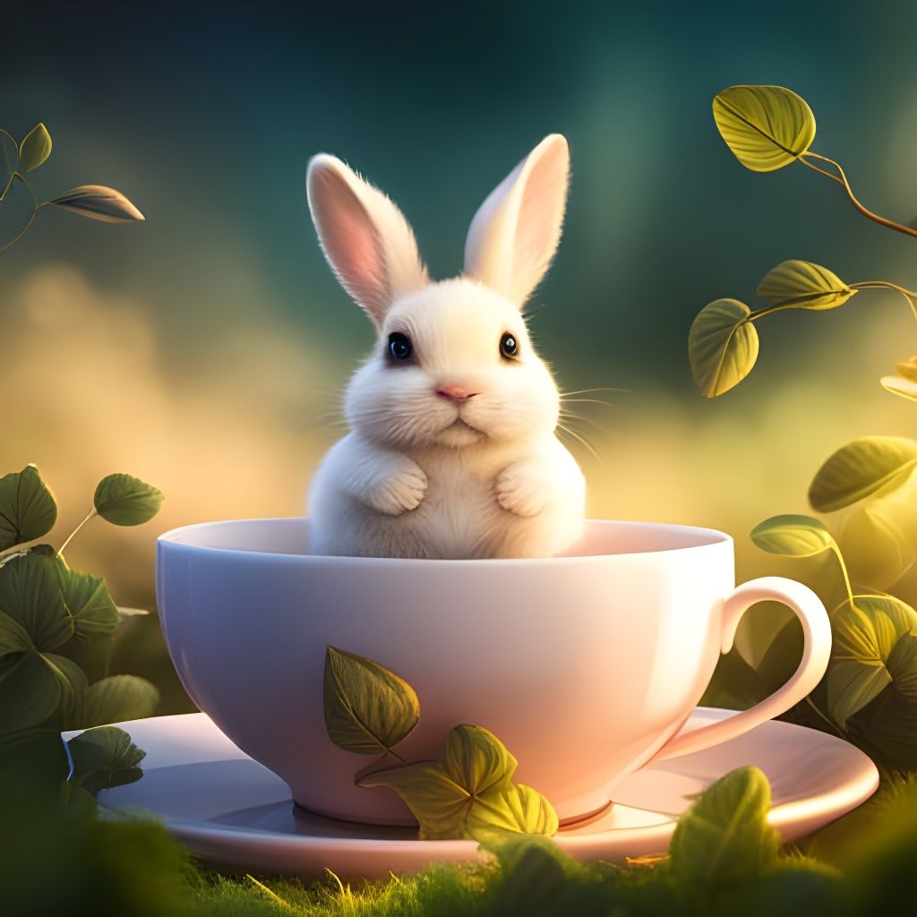 Anthropomorphic Baby Bunny in Teacup, Hyperrealistic Concept...