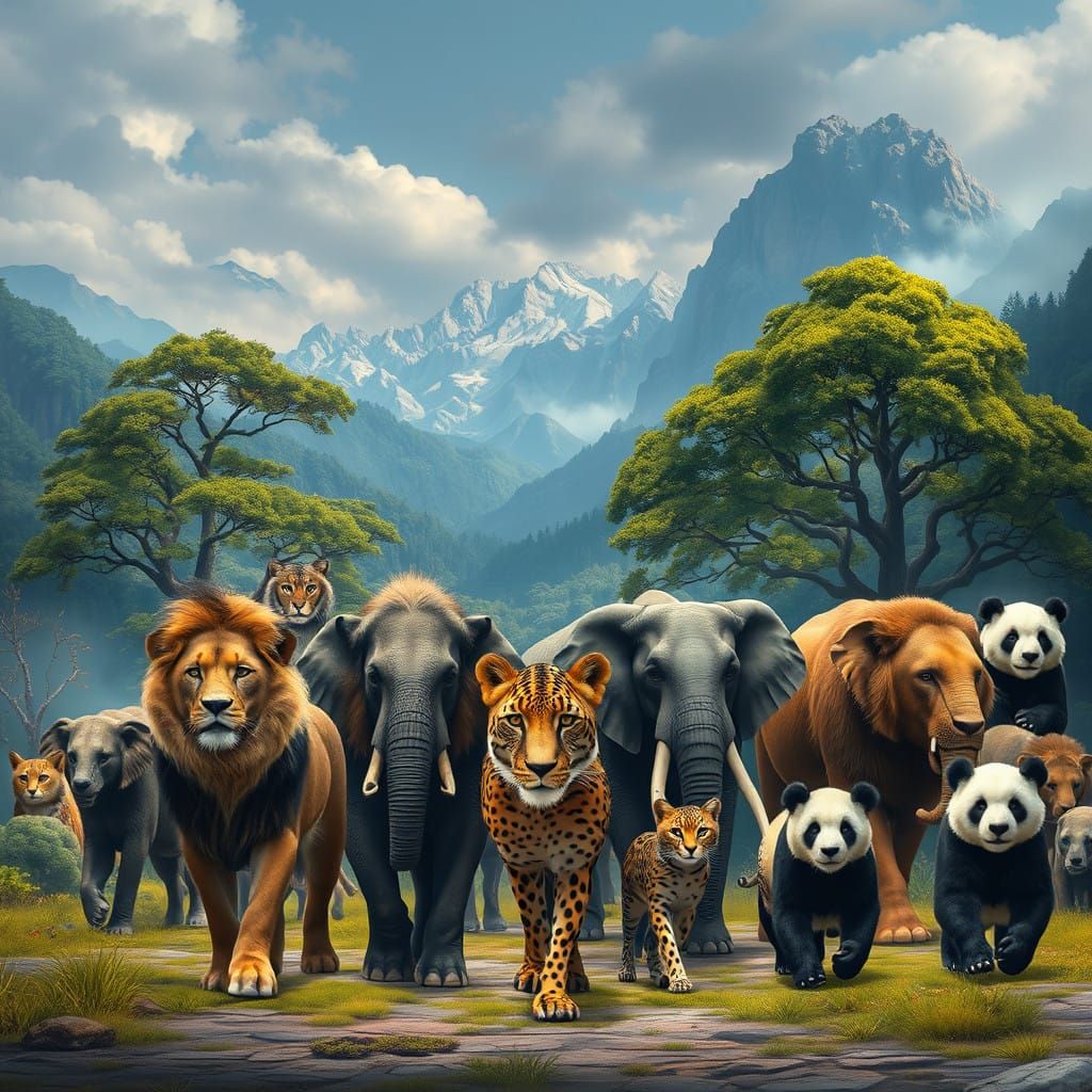 Diverse Animals Unite in Vibrant Fantasy Landscape
