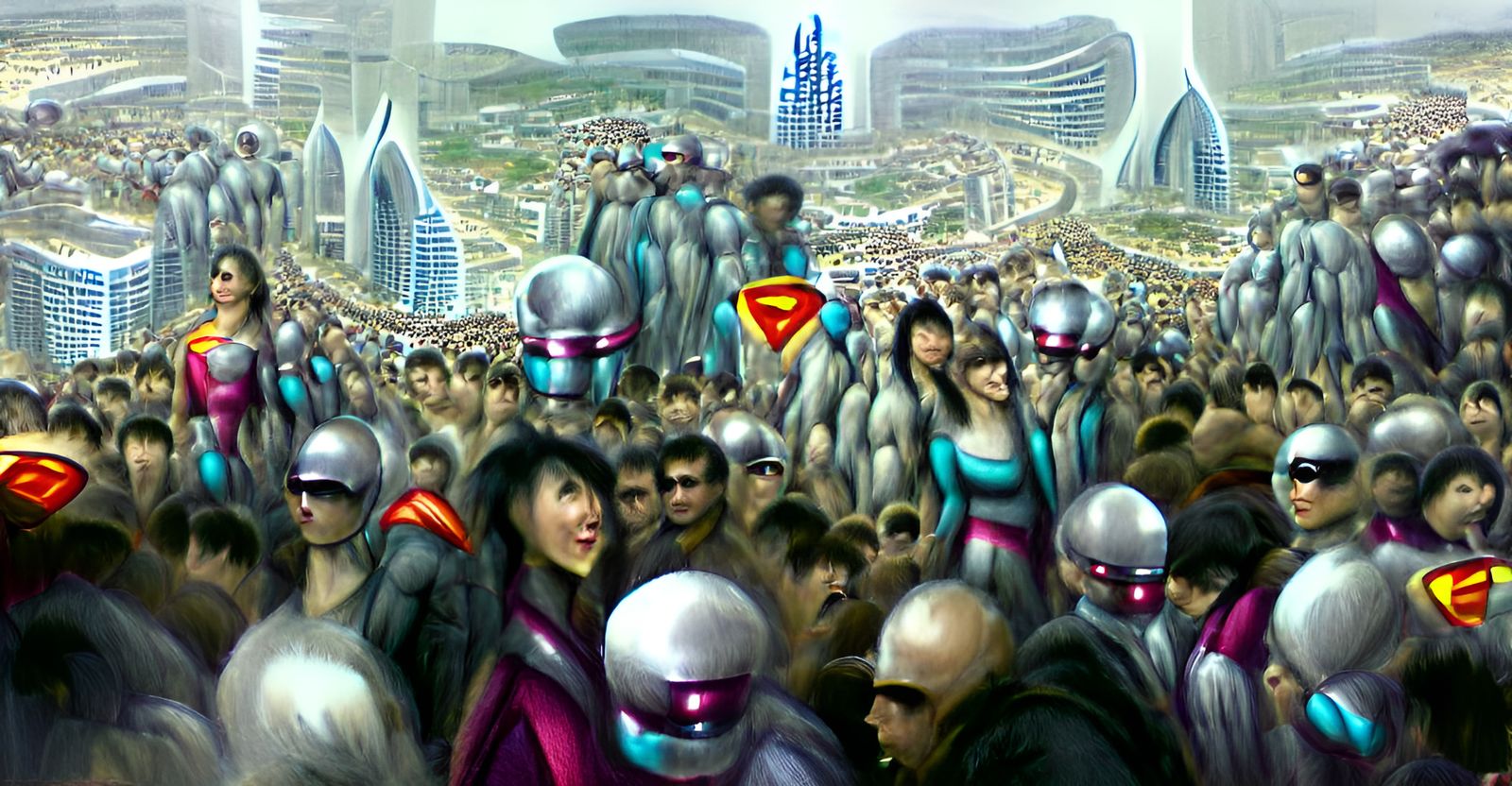 Futuristic Cityscape with Crowd of Superhumans