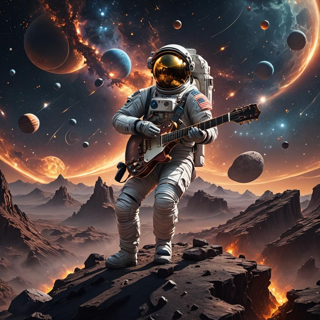 Astronaut Guitarist in Space with Planets, Stars