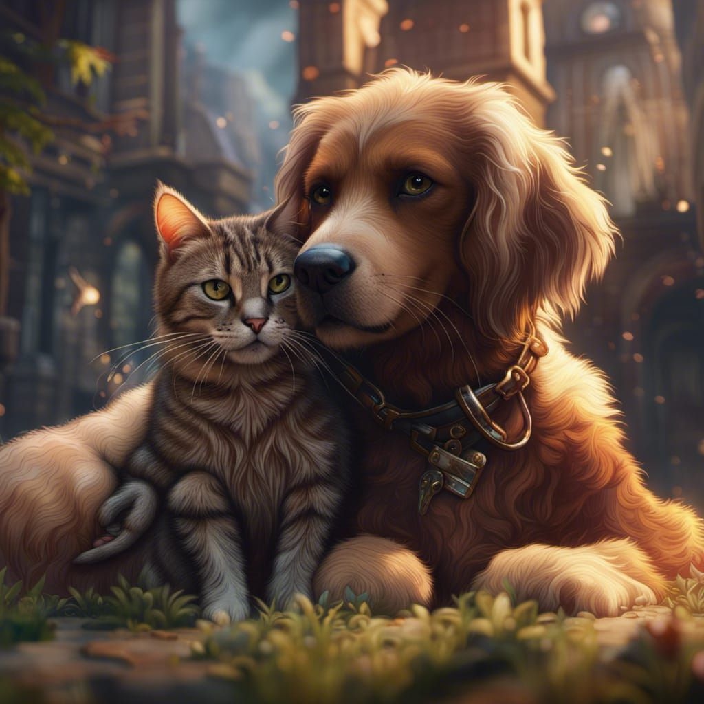 Dog and Cat Hug: Detailed Matte Painting