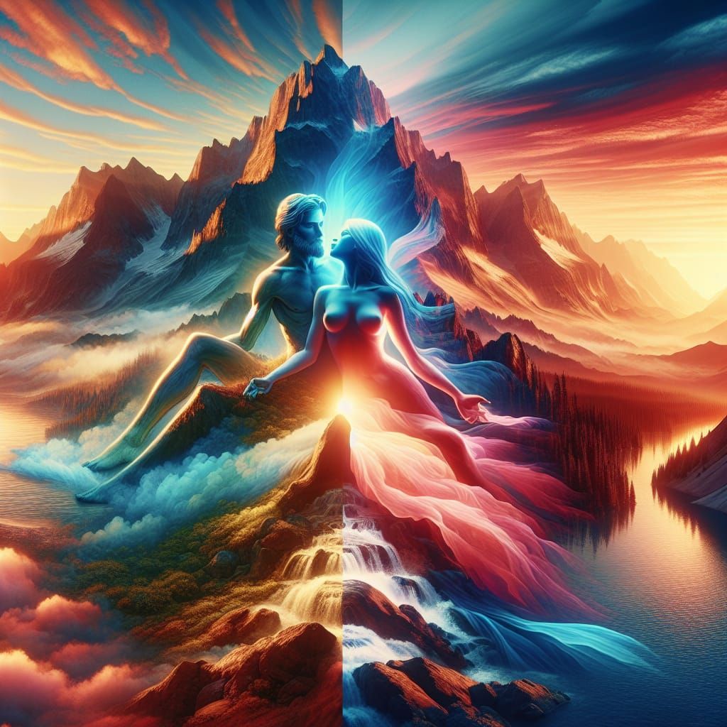 Mountain and Valley Embrace at Twilight: A Personified Lands...