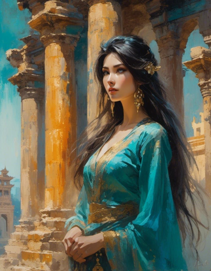 Woman in Ancient Temple: Post-Impressionist Oil Painting