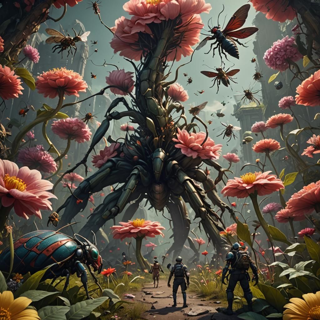 Miniature People Wage War Under Giant Flowers