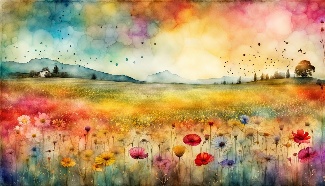 Dreamy Flower Field Sunset in Watercolor Ink Style