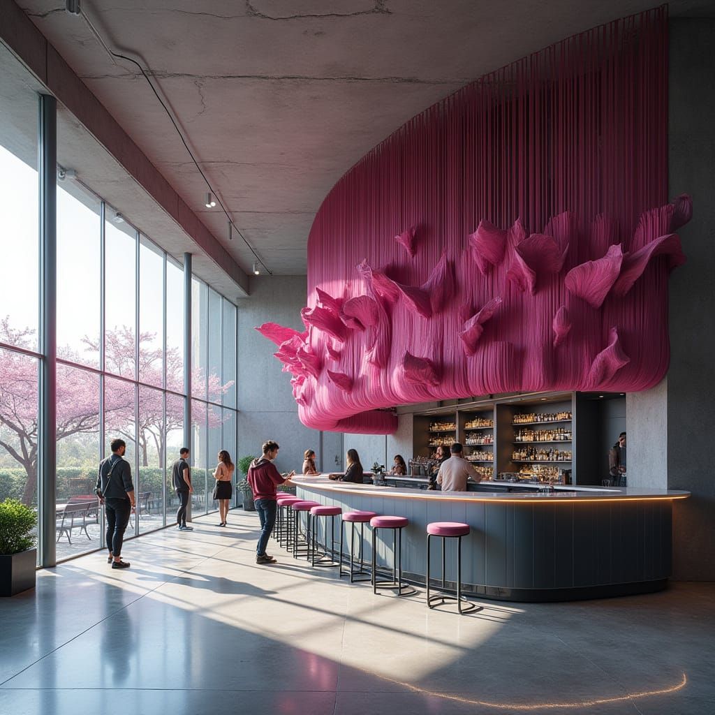 Futuristic Restaurant with Magenta Floral Walls