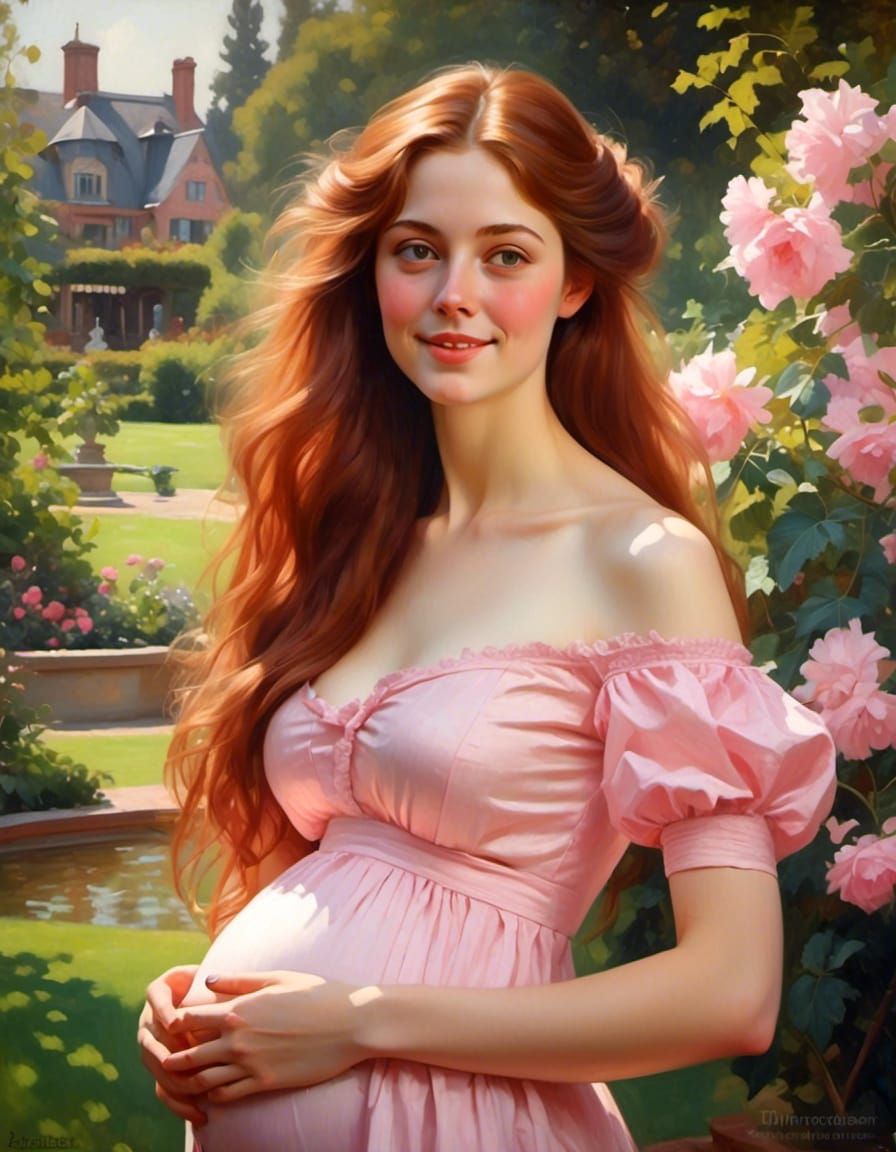 Victorian Pregnant Woman in Garden Portrait