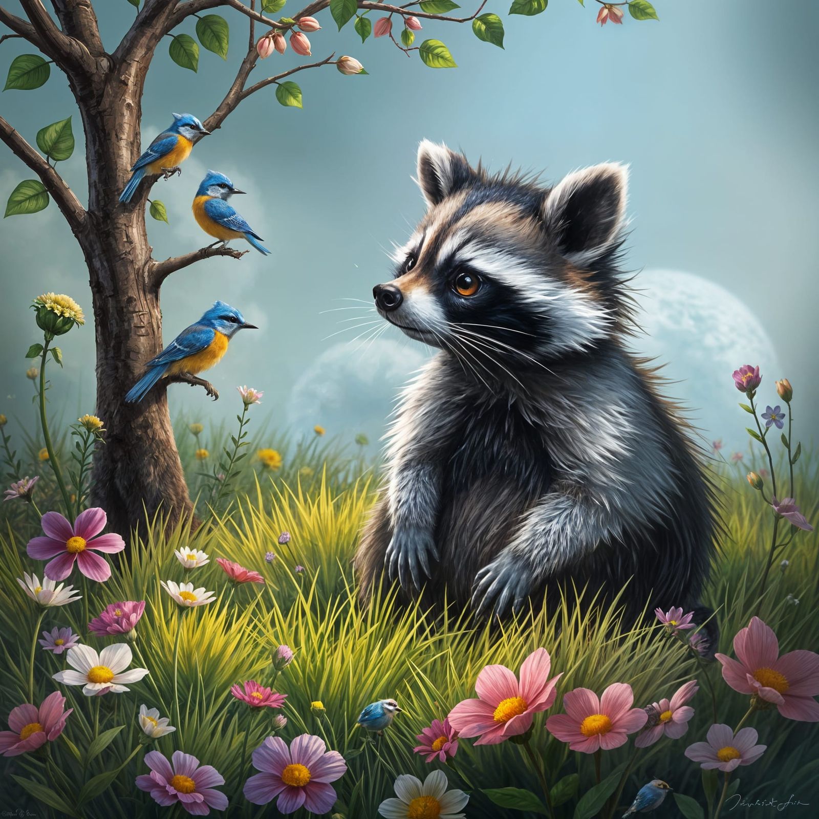 Raccoon and Bluebird in Hyperrealistic Digital Painting