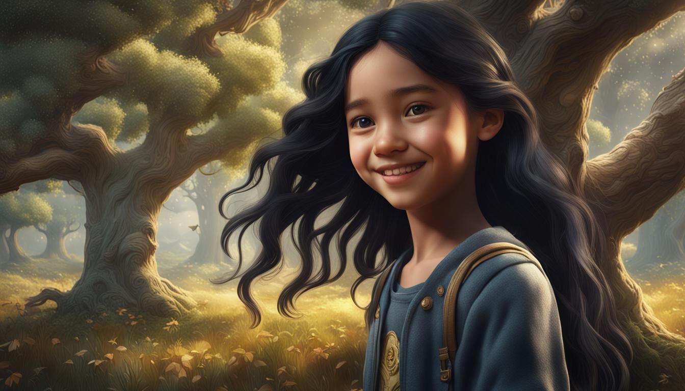 Smiling Girl with Oak Tree: Detailed Matte Painting