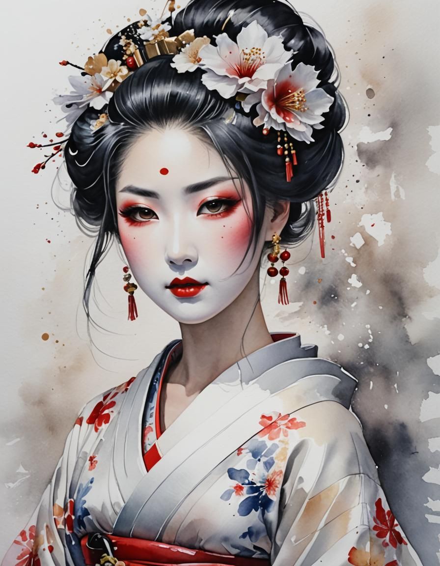 Geisha Portrait in Realistic Watercolor Style