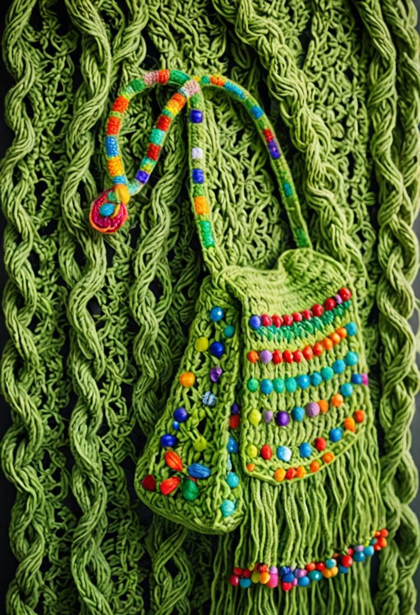 Crocheted Green Hippie Bag Macro Still Life