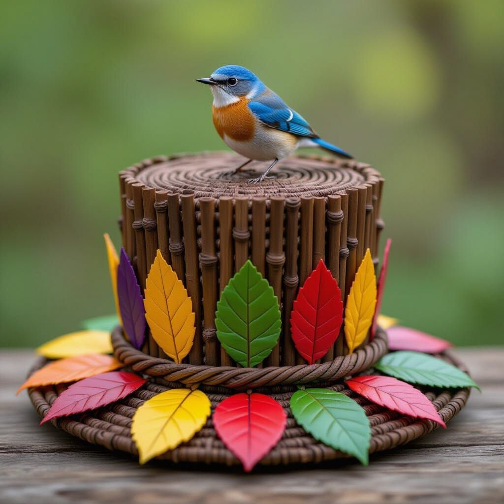 Rustic Stick Hat Adorned with Leaves and Bluebird