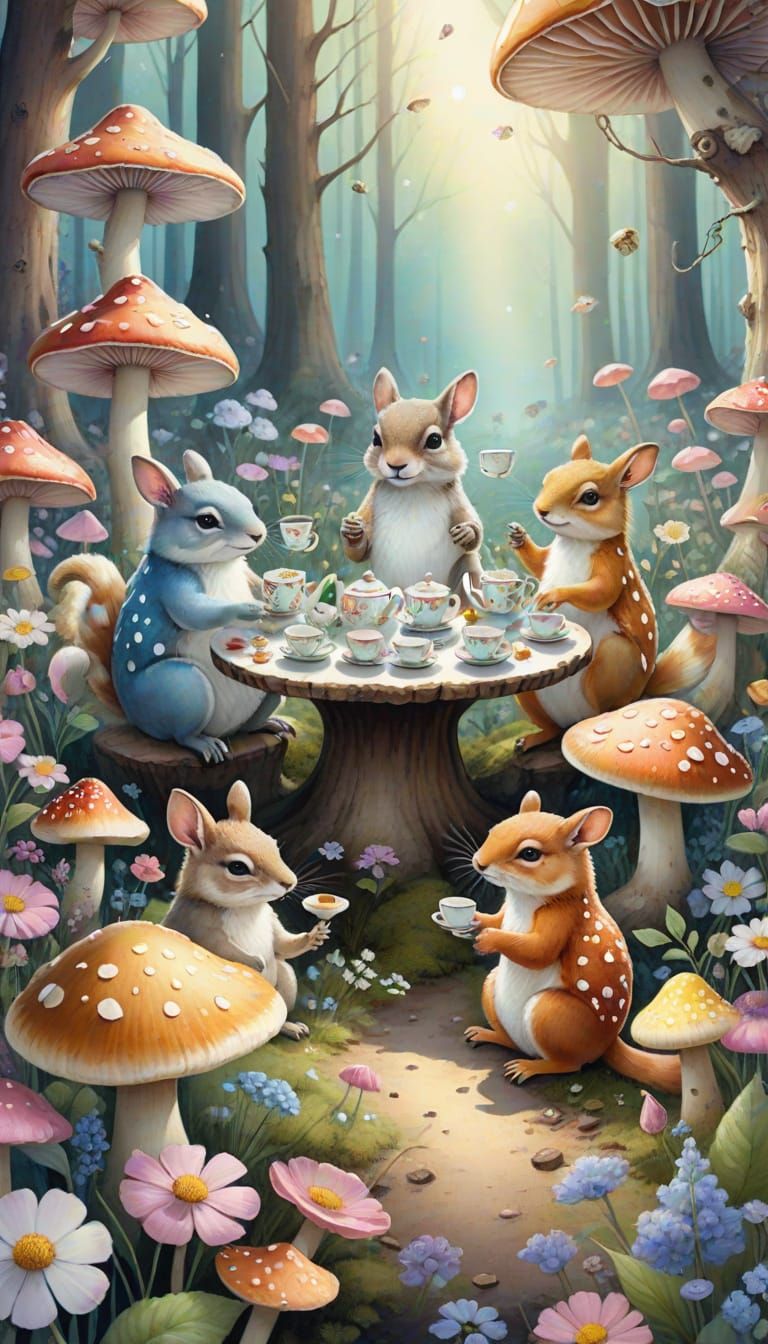 Enchanted Mushroom Gathering in Whimsical Watercolor