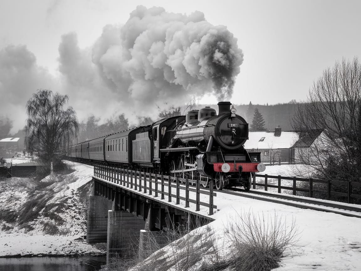 Vintage Steam Locomotive Crosses Snowy Bridge in Winter Land...