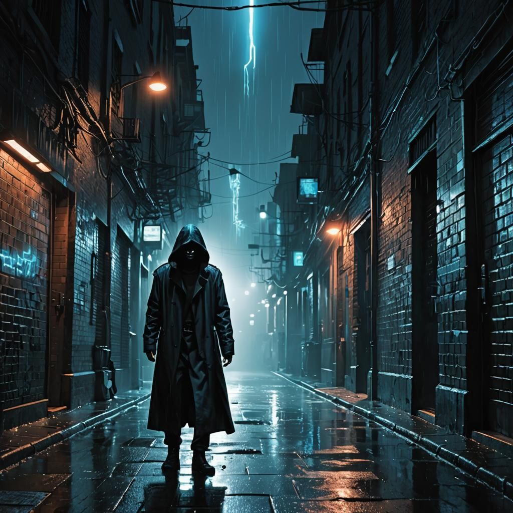 Cyberpunk, a Hacker in a dark alley, hacking a door, its rai...
