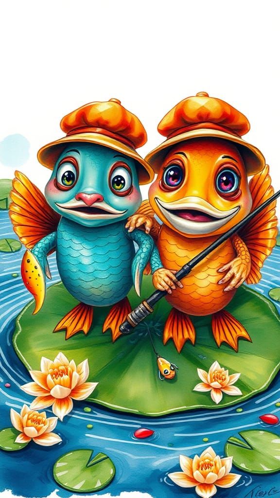 Whimsical Fish Illustration with Fishing Rods on Lily Pad