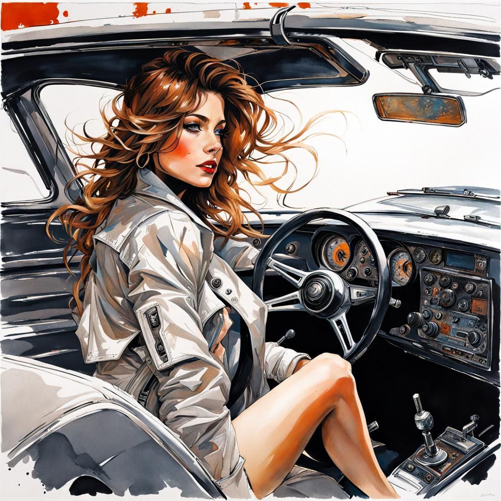 French Woman in Car: Ink Splash Art Painting