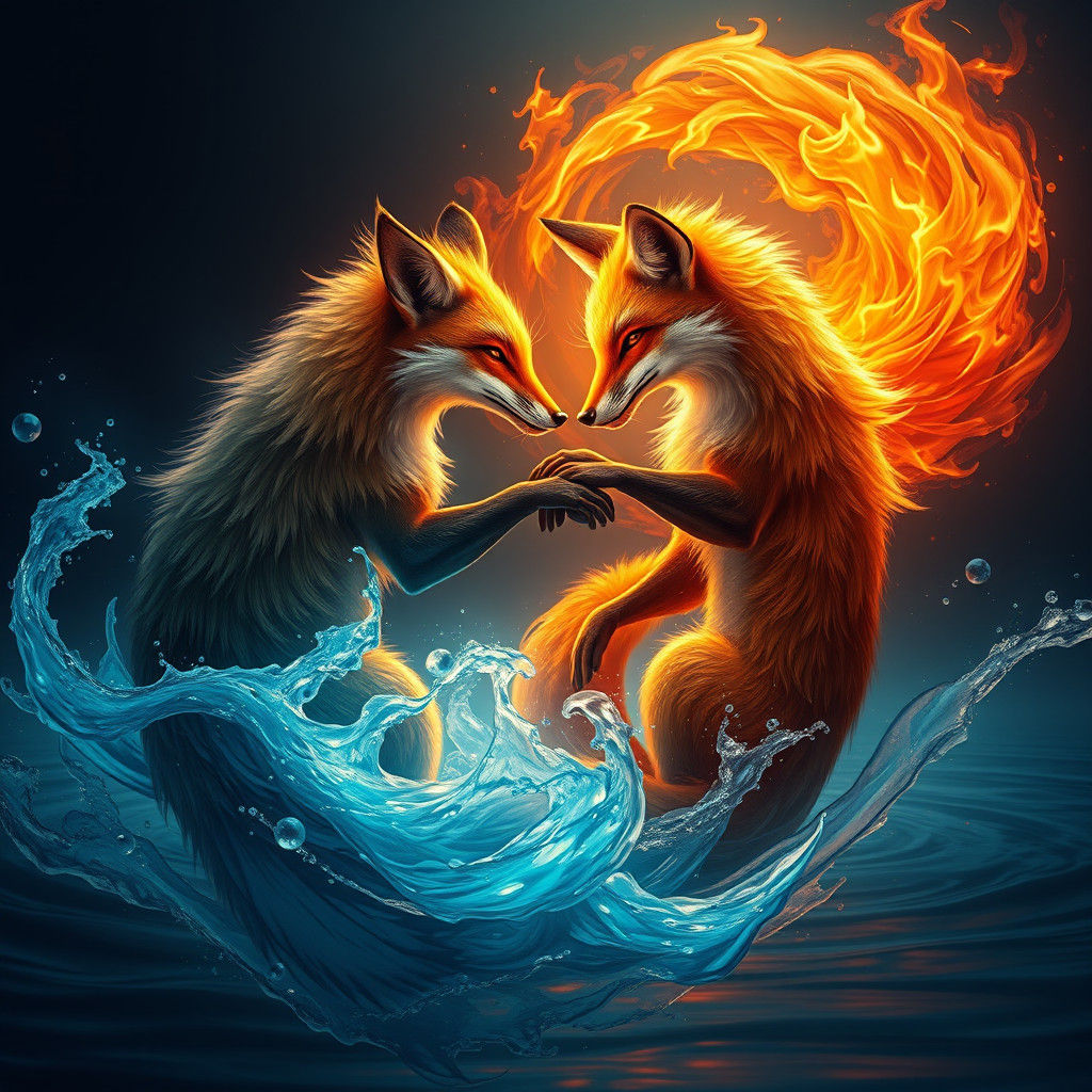 Fire and Water Foxes Clash in Fantasy Art